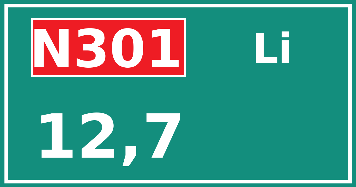 Hectometerbord N301 12,7 zijde Li