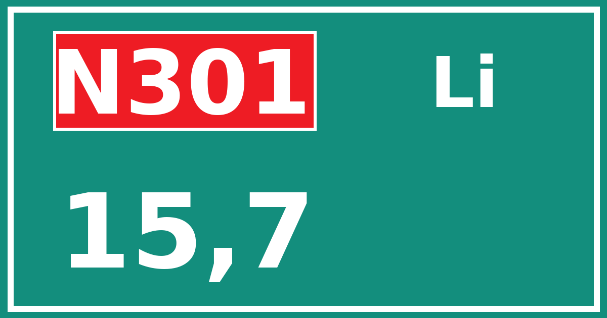 Hectometerbord N301 15,7 zijde Li