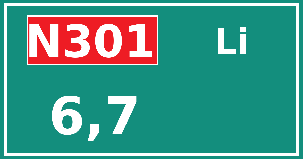 Hectometerbord N301 6,7 zijde Li