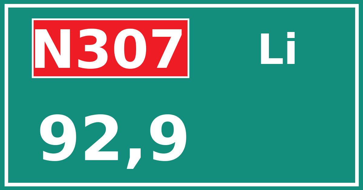 Hectometerbord N307 92,9 zijde Li