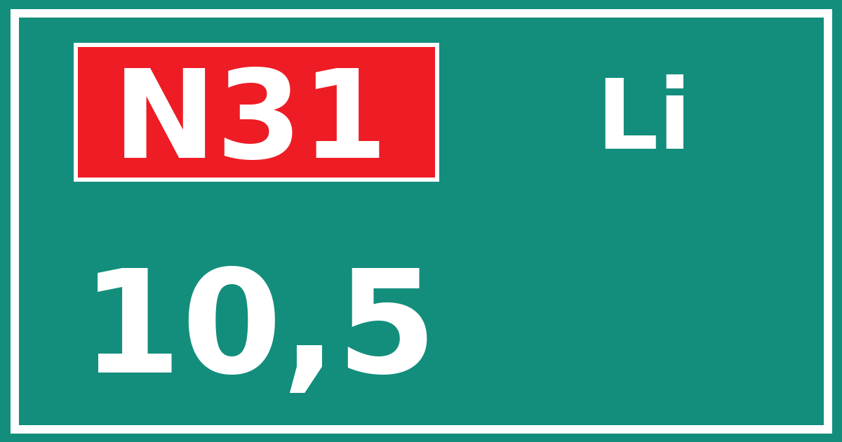 Hectometerbord N31 10,5 zijde Li