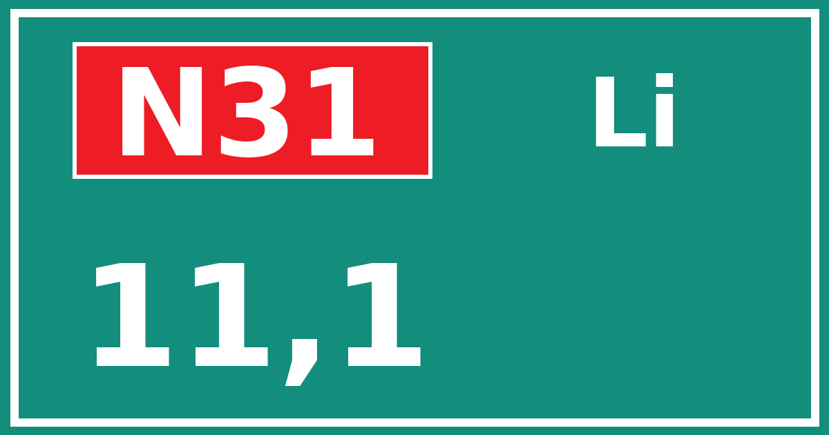 Hectometerbord N31 11,1 zijde Li