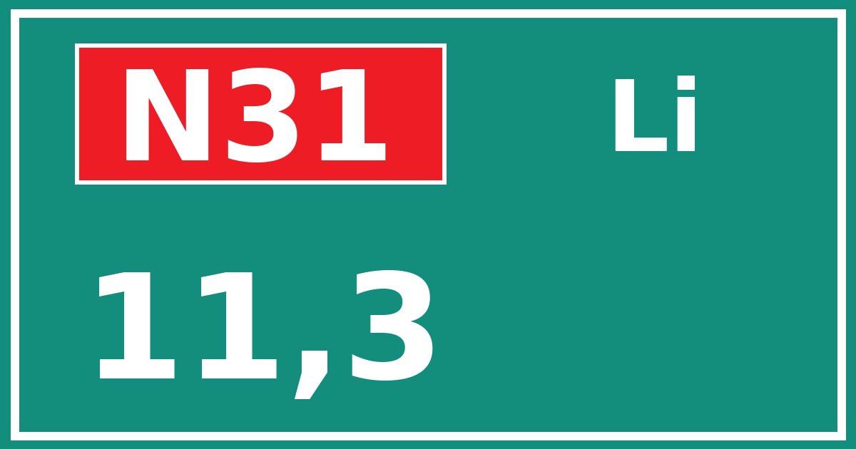 Hectometerbord N31 11,3 zijde Li