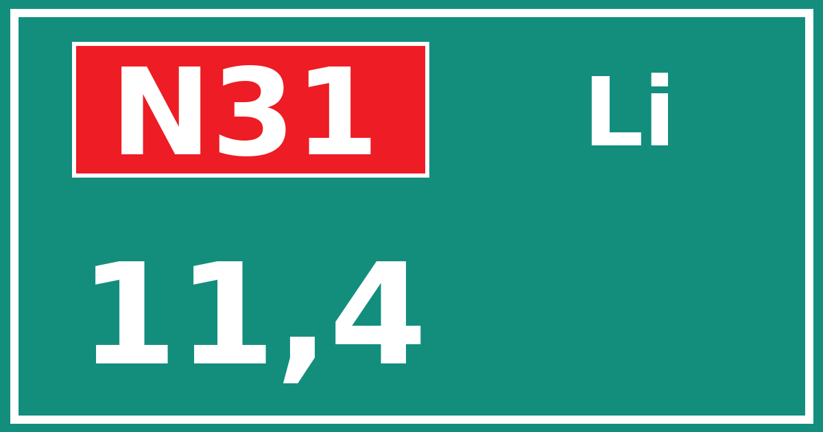Hectometerbord N31 11,4 zijde Li