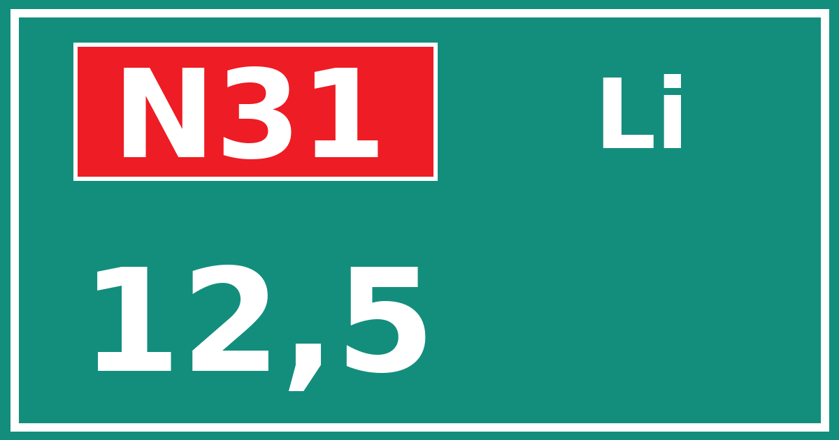 Hectometerbord N31 12,5 zijde Li