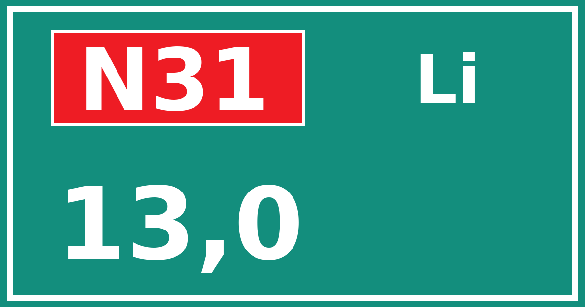 Hectometerbord N31 13,0 zijde Li