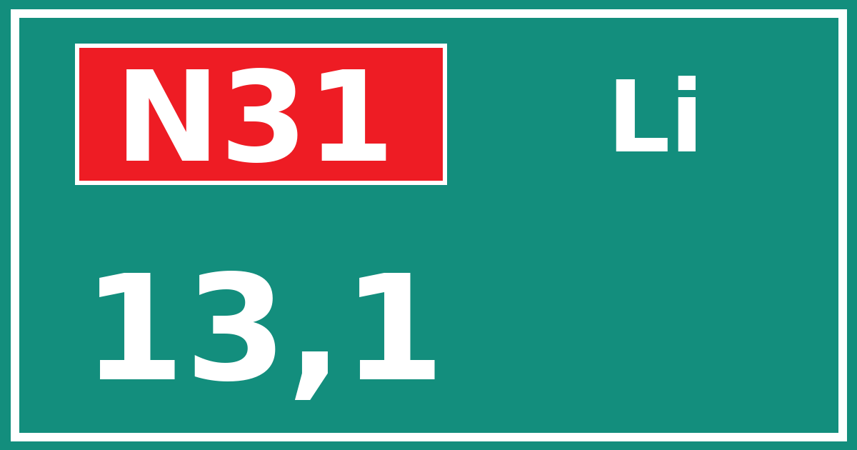 Hectometerbord N31 13,1 zijde Li