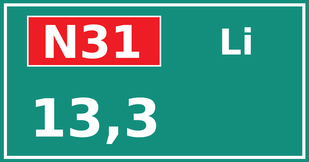 Hectometerbord N31 13,3 zijde Li