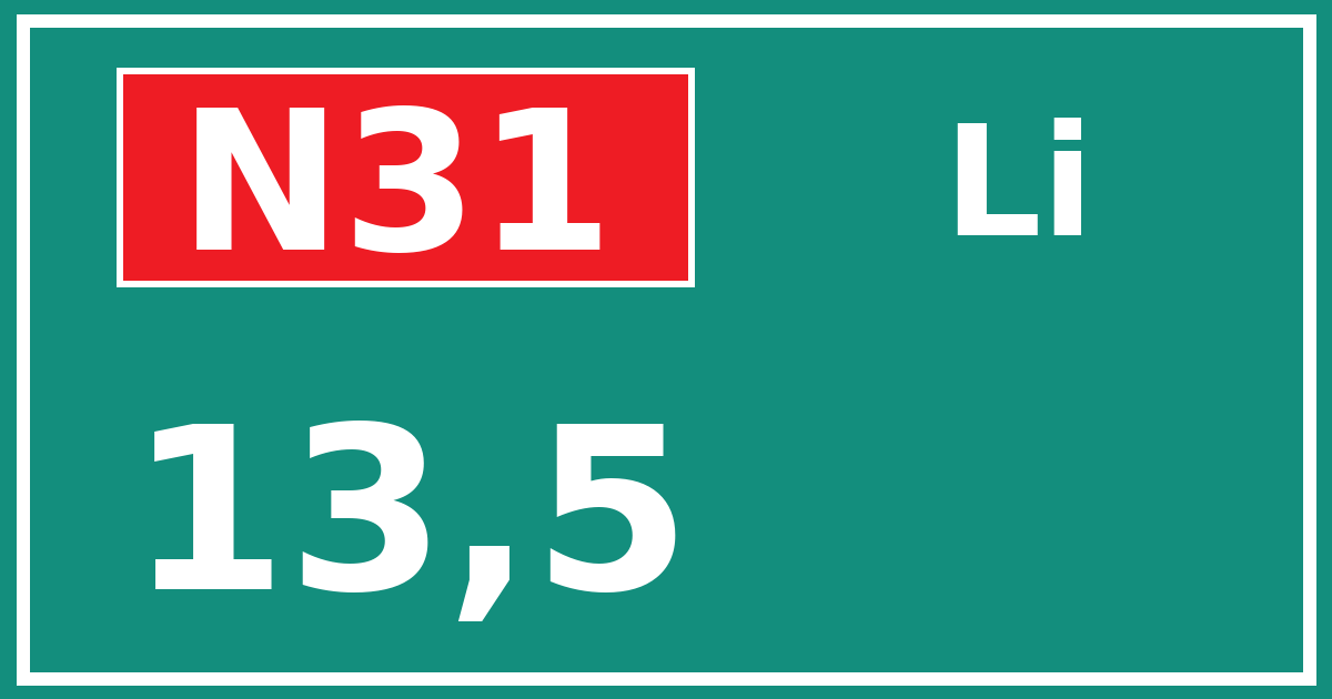 Hectometerbord N31 13,5 zijde Li