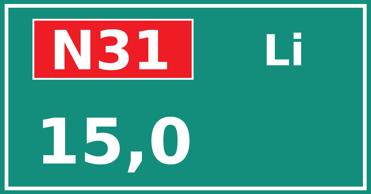 Hectometerbord N31 15,0 zijde Li