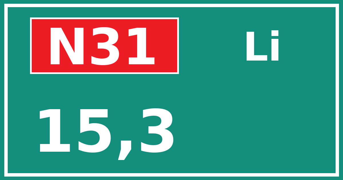 Hectometerbord N31 15,3 zijde Li