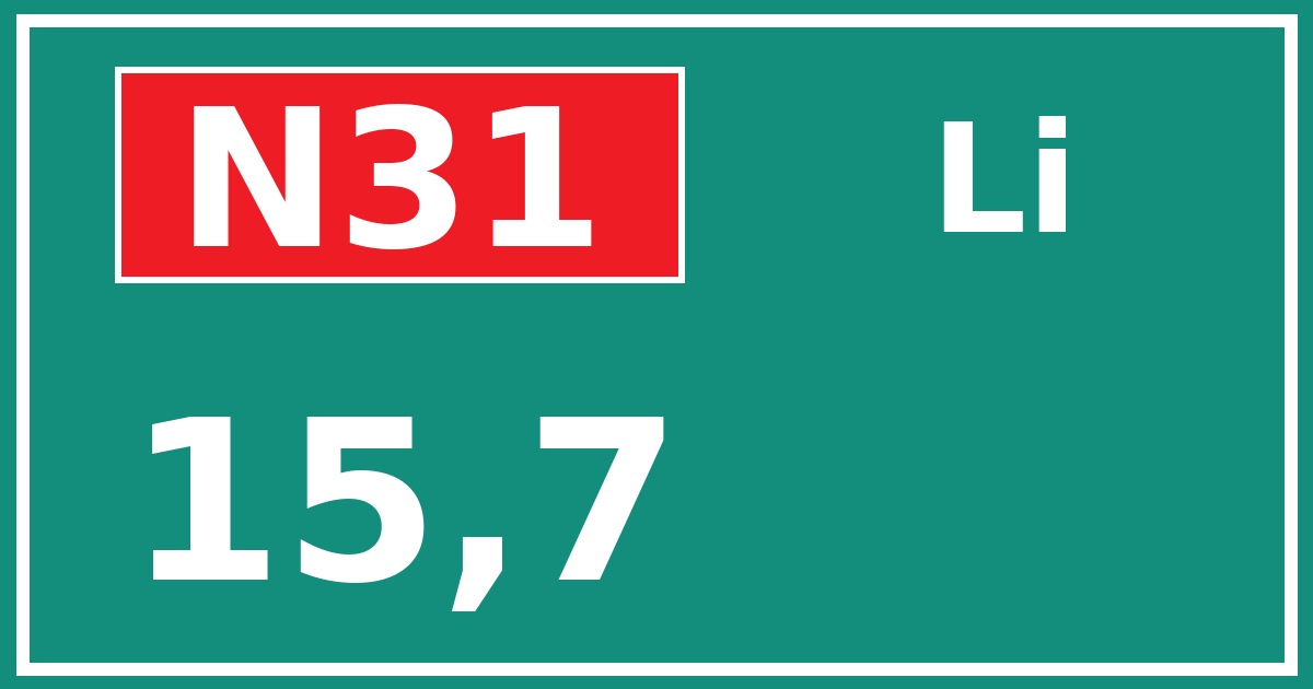 Hectometerbord N31 15,7 zijde Li