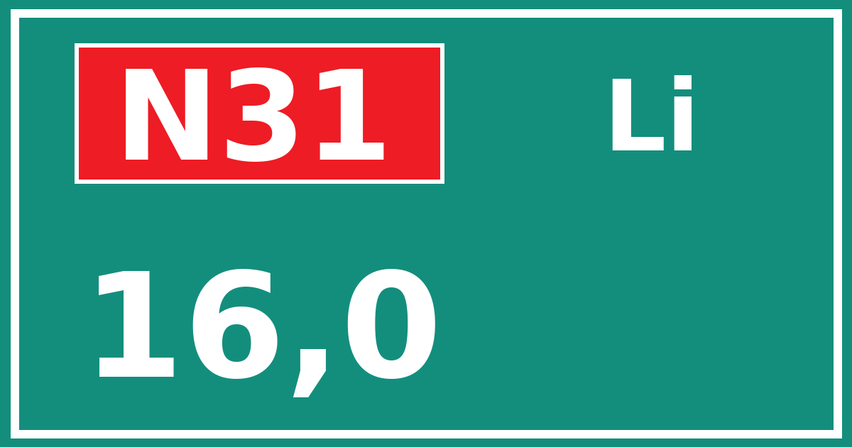 Hectometerbord N31 16,0 zijde Li