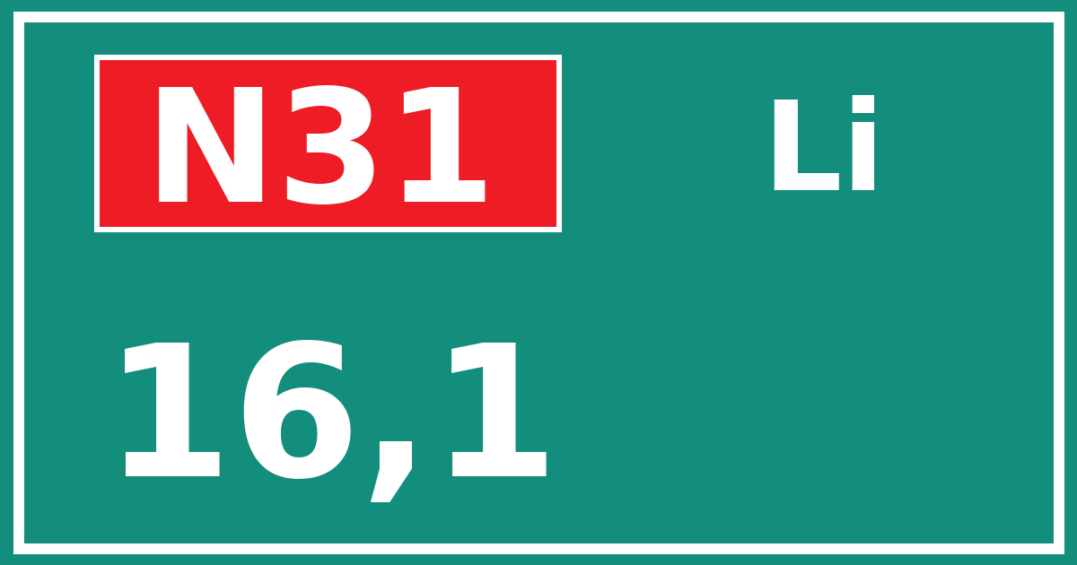 Hectometerbord N31 16,1 zijde Li