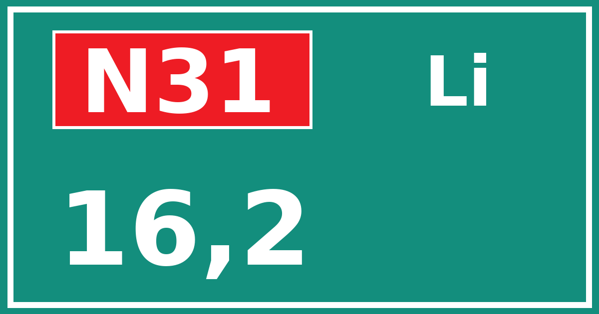 Hectometerbord N31 16,2 zijde Li