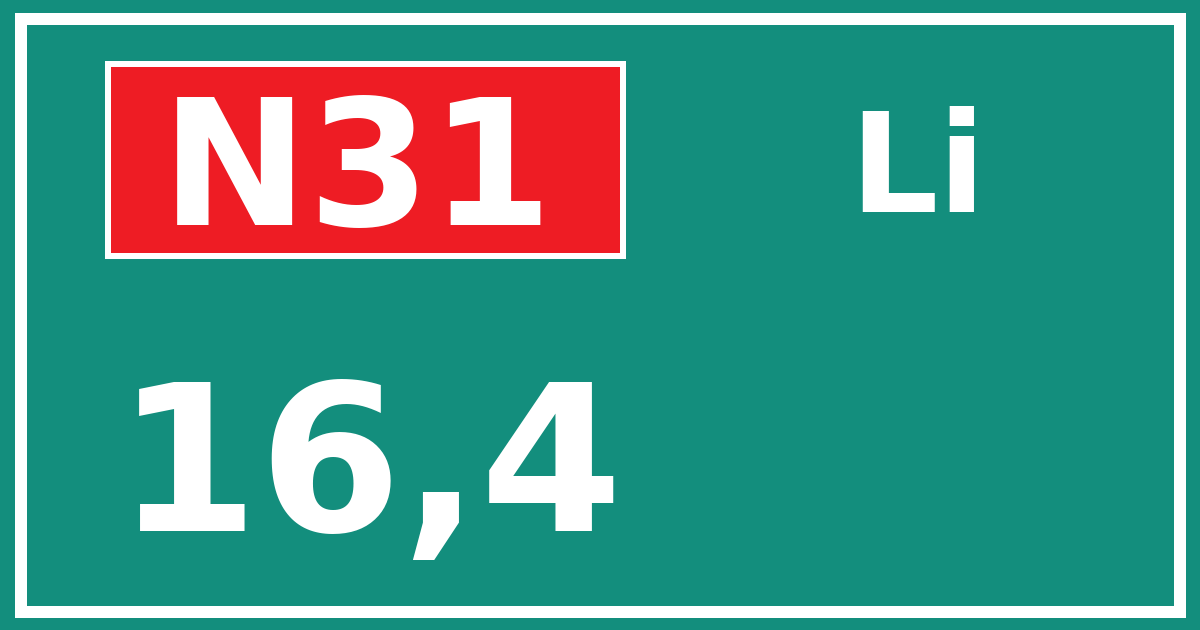 Hectometerbord N31 16,4 zijde Li