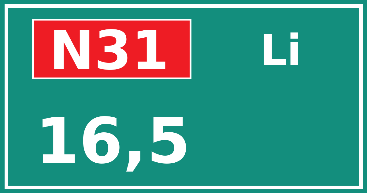 Hectometerbord N31 16,5 zijde Li