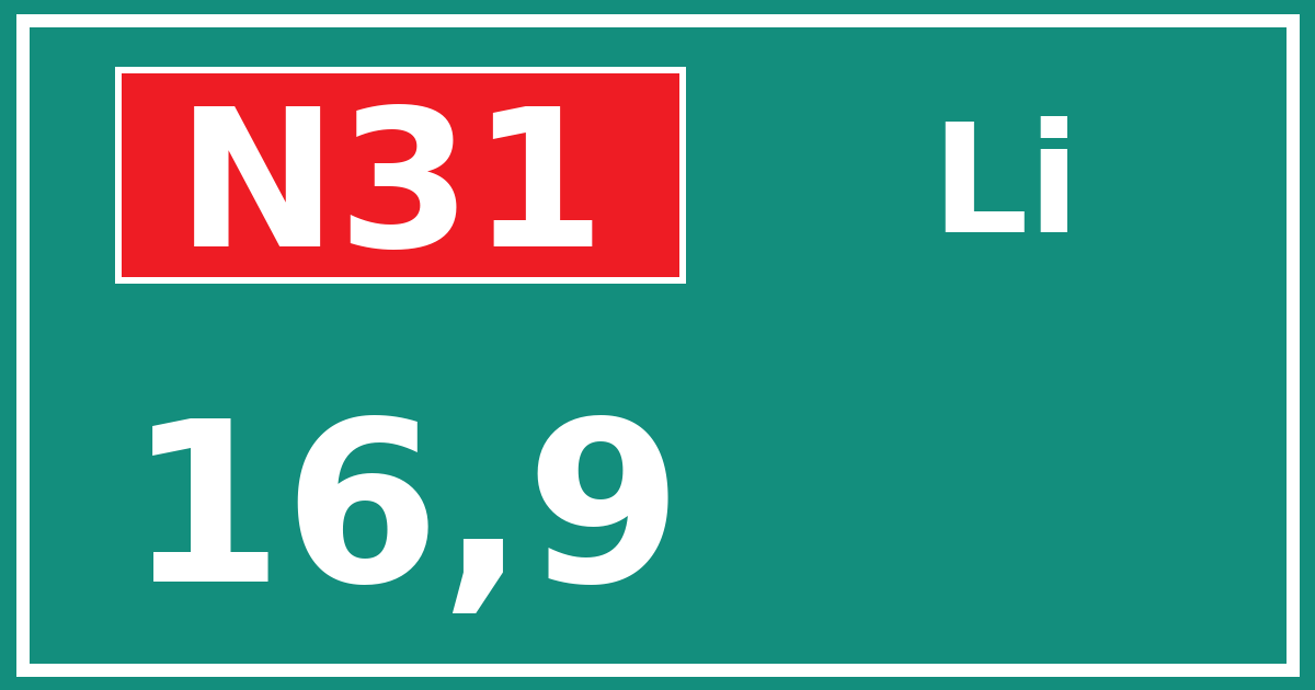 Hectometerbord N31 16,9 zijde Li