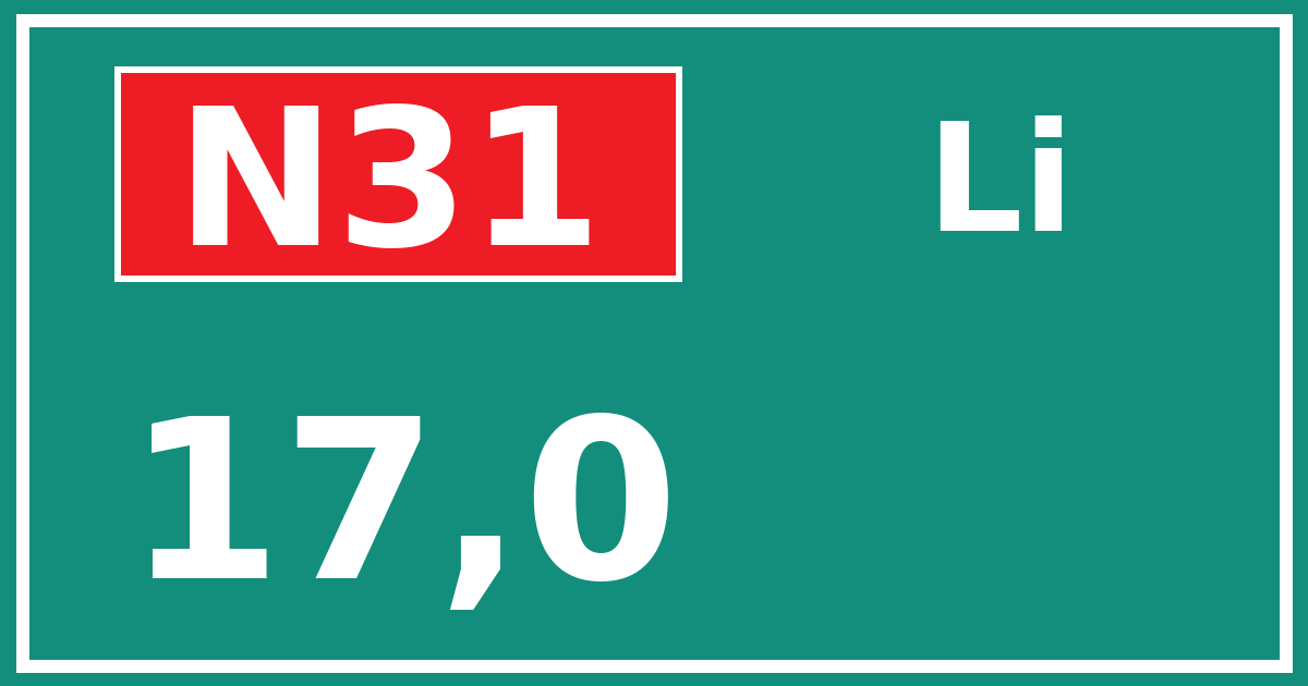 Hectometerbord N31 17,0 zijde Li