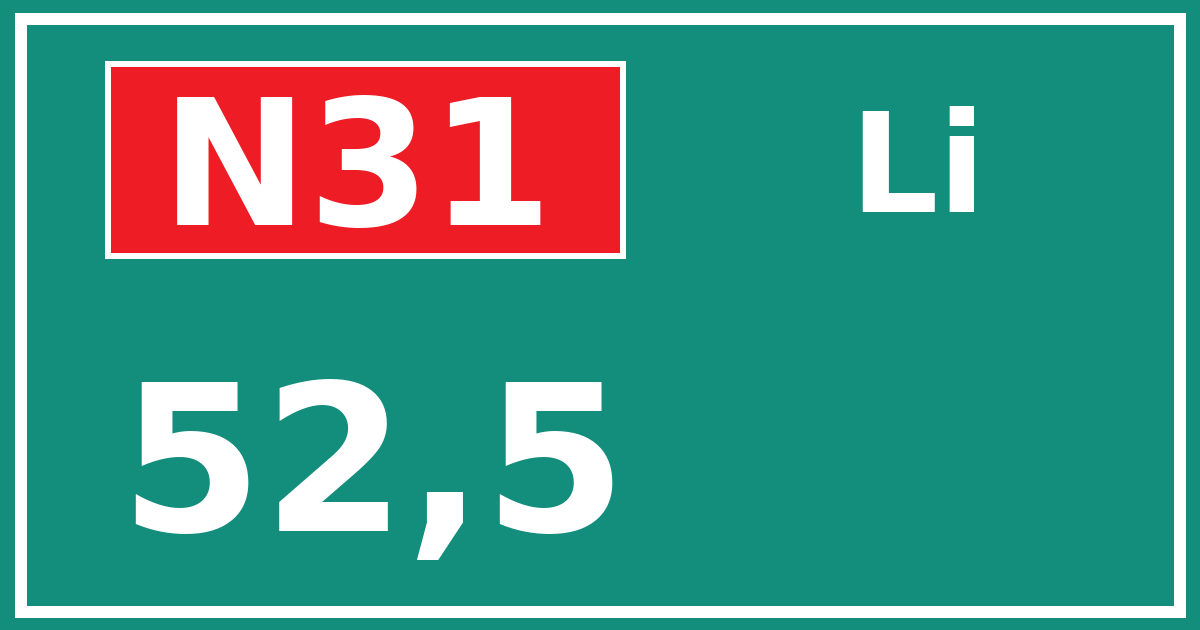 Hectometerbord N31 52,5 zijde Li