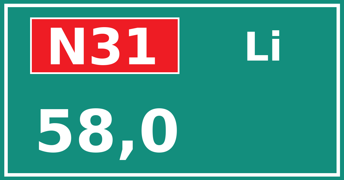 Hectometerbord N31 58,0 zijde Li