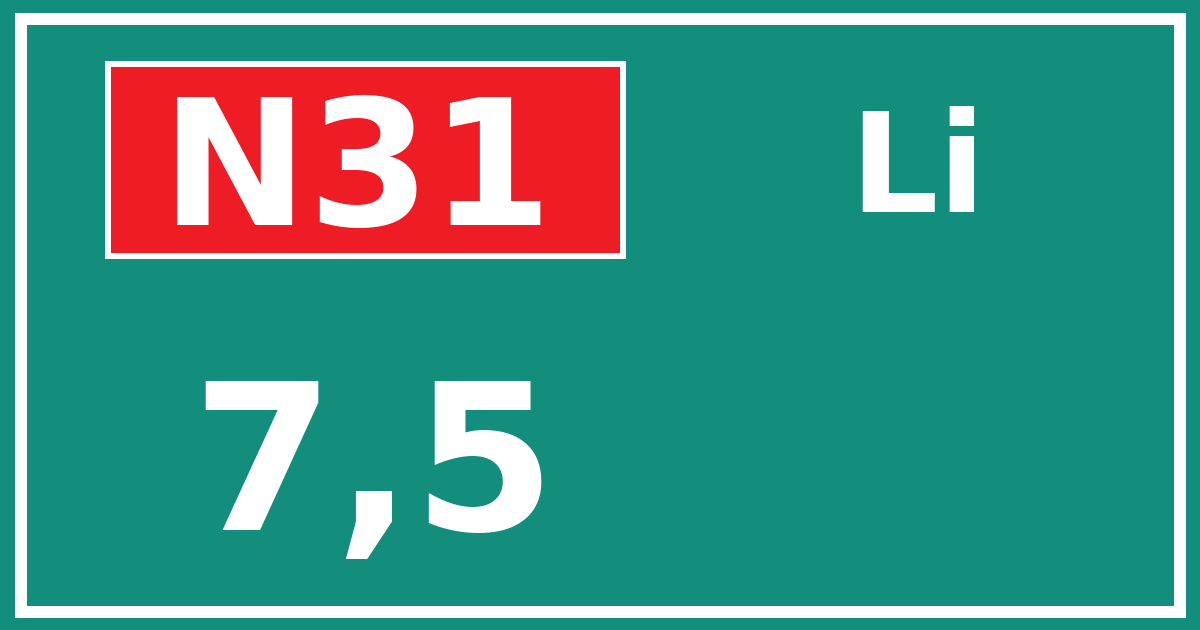 Hectometerbord N31 7,5 zijde Li