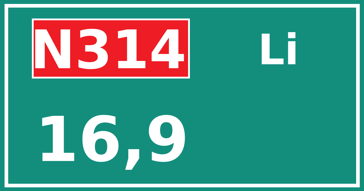 Hectometerbord N314 16,9 zijde Li