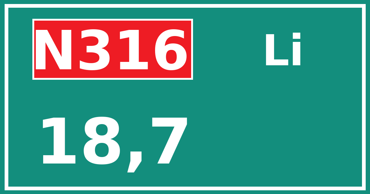 Hectometerbord N316 18,7 zijde Li