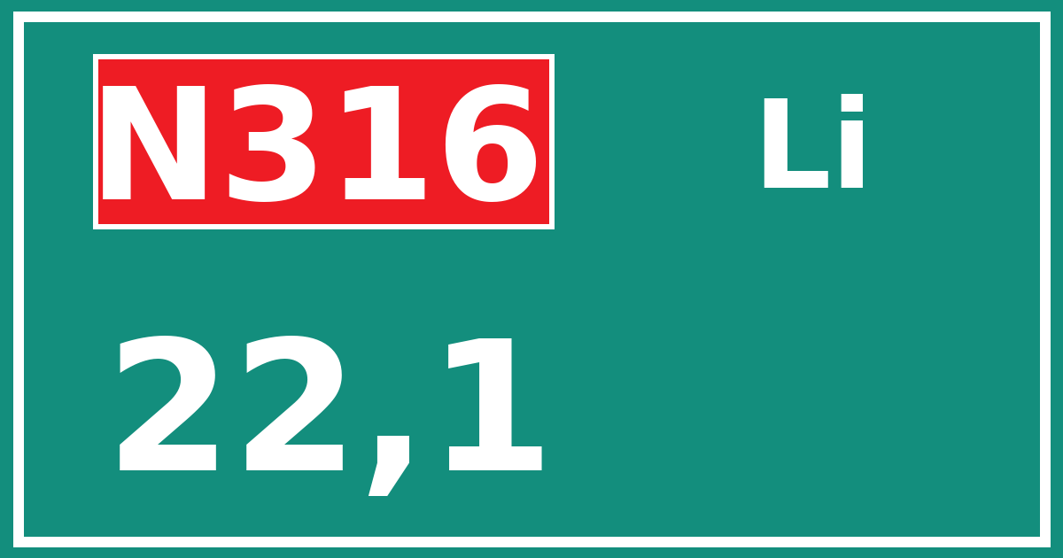 Hectometerbord N316 22,1 zijde Li