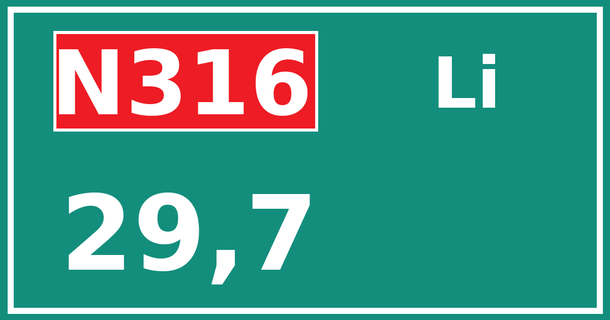 Hectometerbord N316 29,7 zijde Li