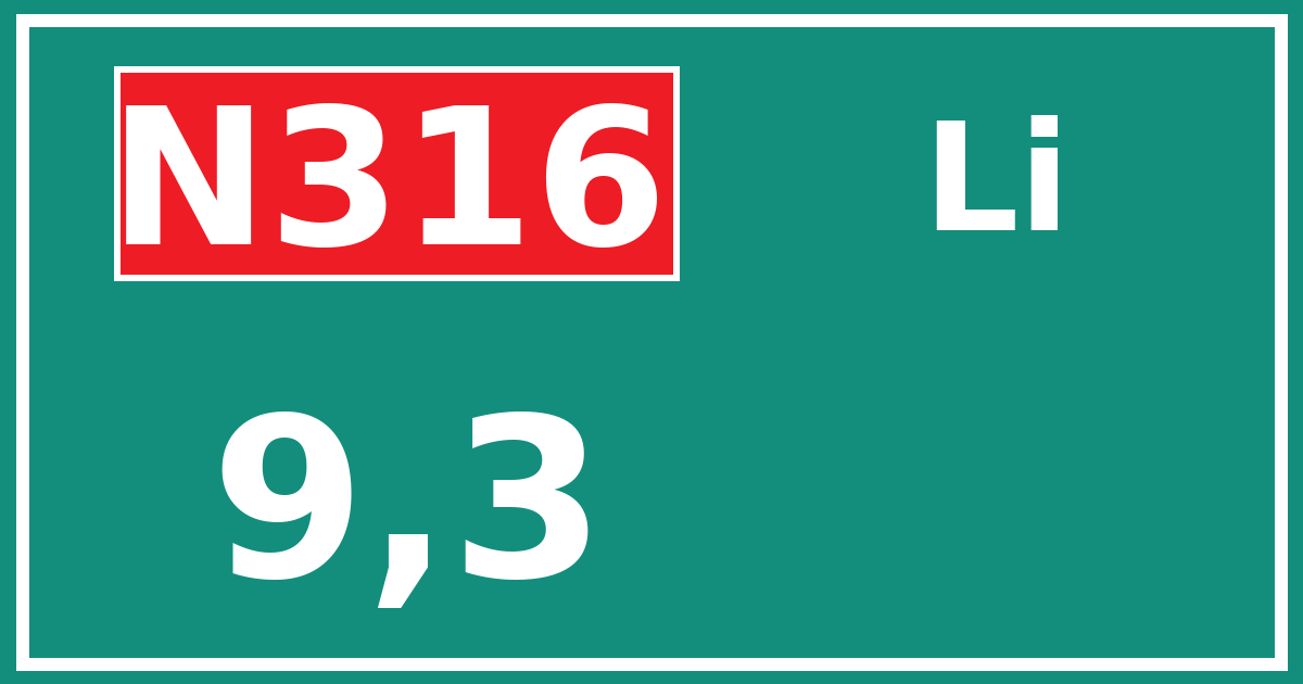 Hectometerbord N316 9,3 zijde Li