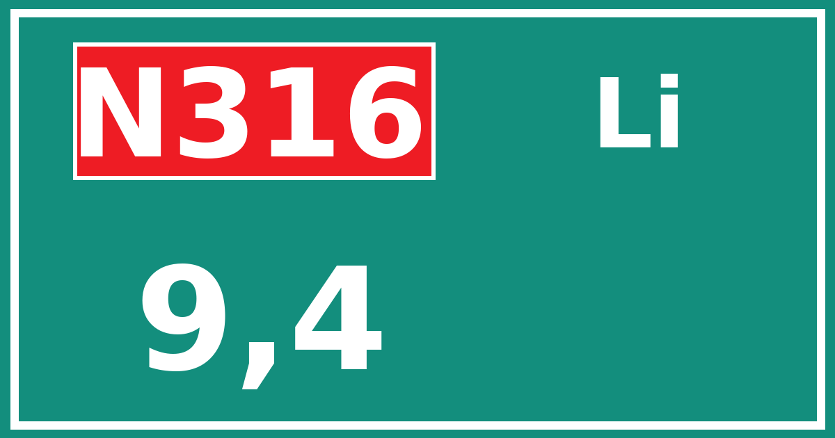 Hectometerbord N316 9,4 zijde Li