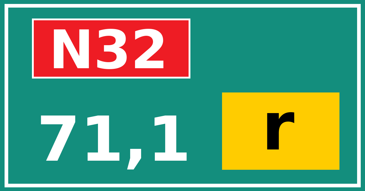 Hectometerbord N32 71,1 letter r