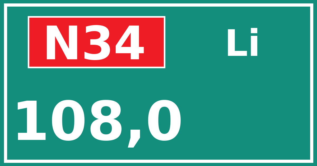 Hectometerbord N34 108,0 zijde Li
