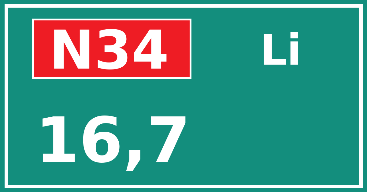 Hectometerbord N34 16,7 zijde Li