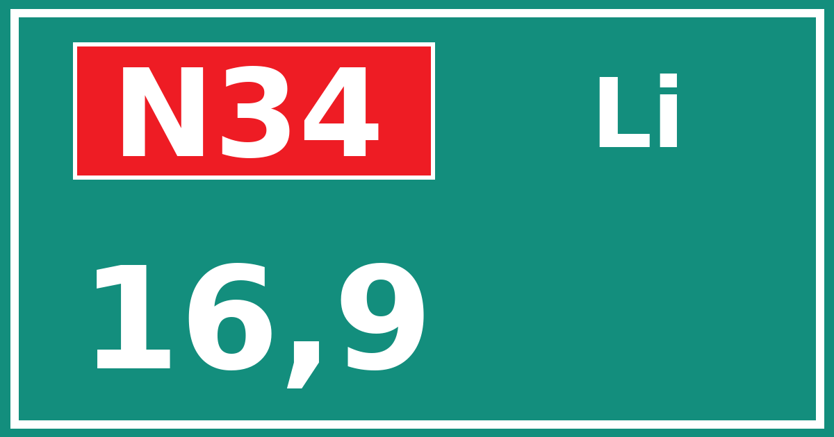 Hectometerbord N34 16,9 zijde Li