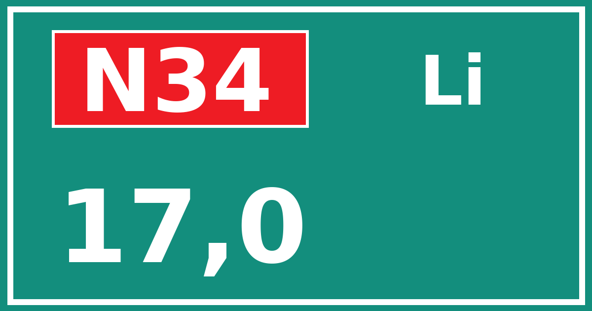 Hectometerbord N34 17,0 zijde Li