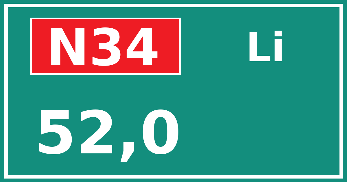 Hectometerbord N34 52,0 zijde Li