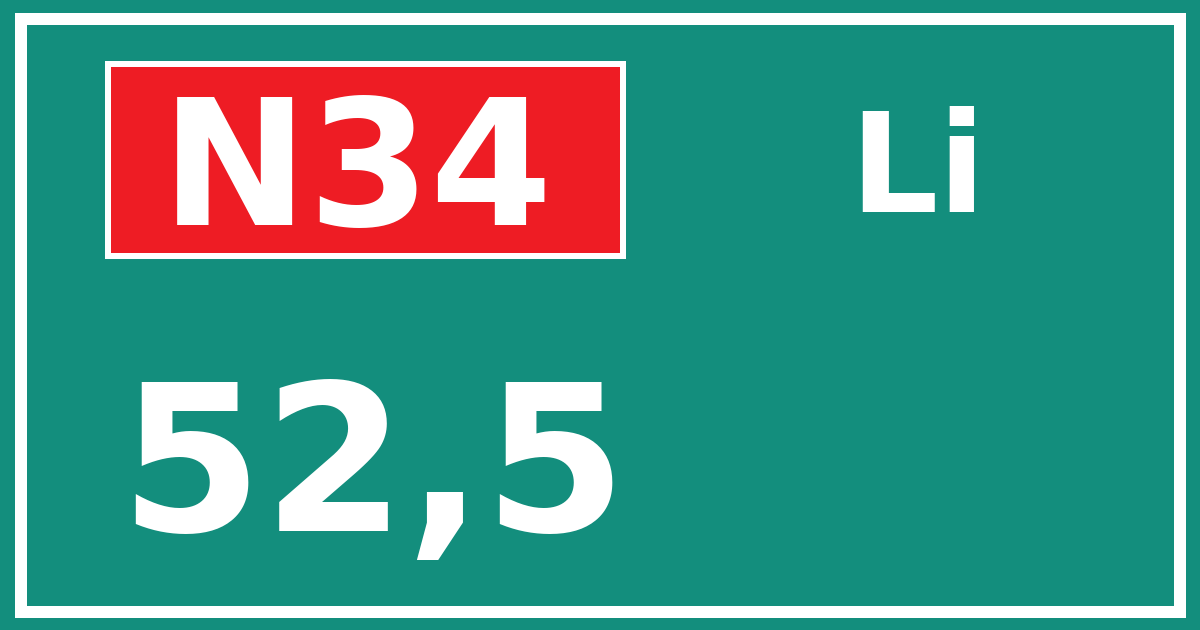 Hectometerbord N34 52,5 zijde Li
