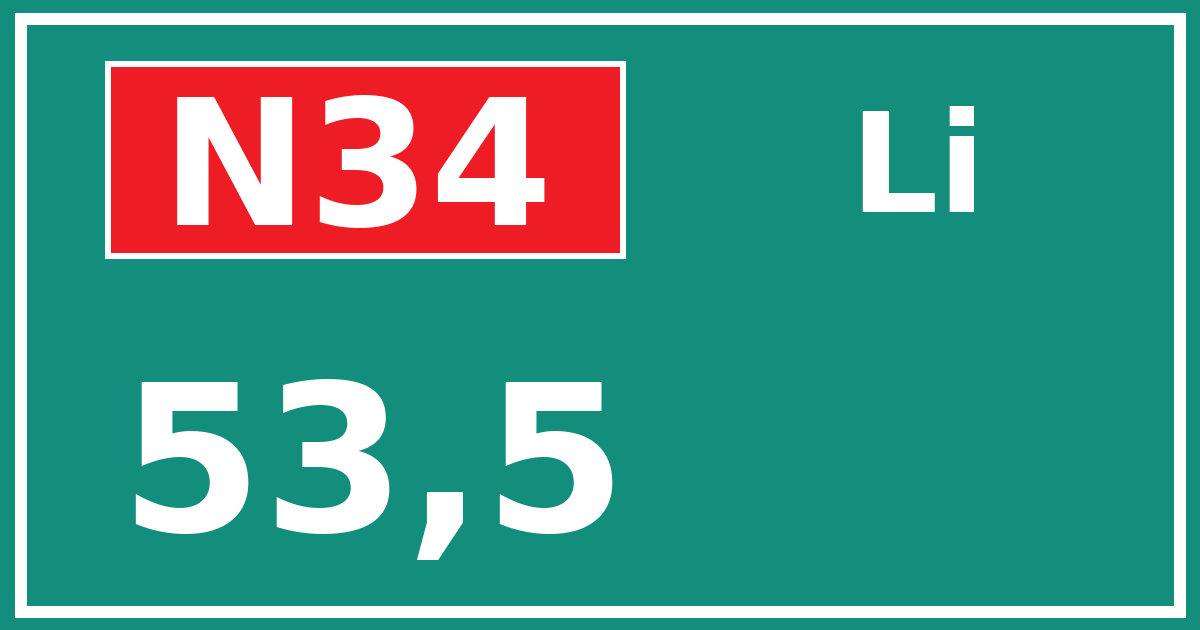 Hectometerbord N34 53,5 zijde Li