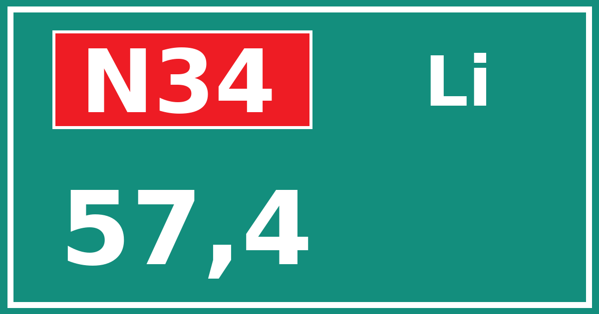 Hectometerbord N34 57,4 zijde Li