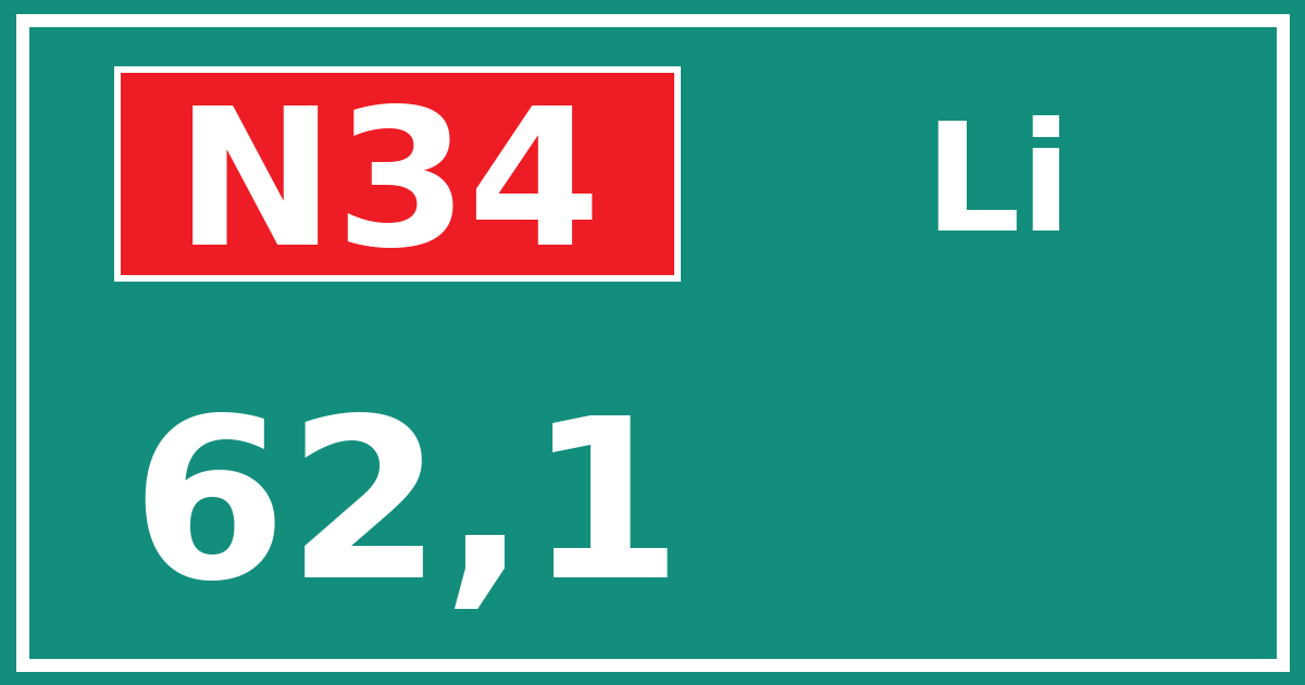 Hectometerbord N34 62,1 zijde Li