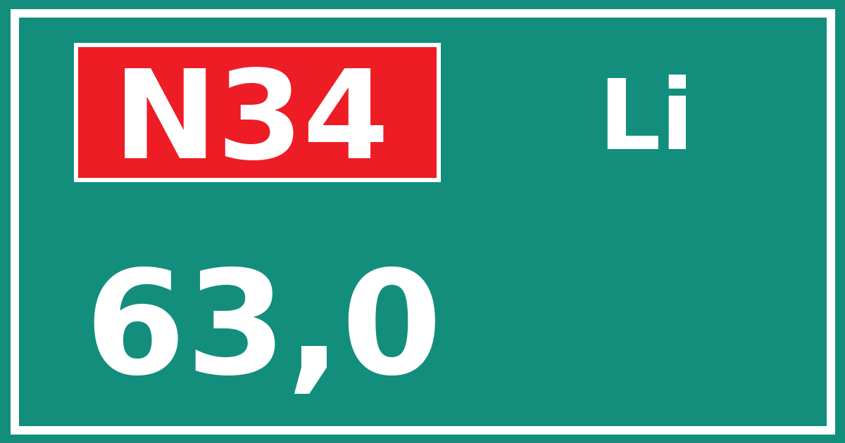 Hectometerbord N34 63,0 zijde Li