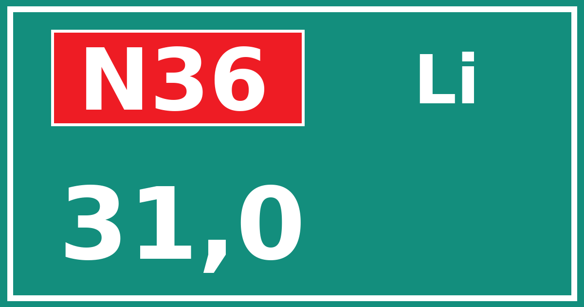 Hectometerbord N36 31,0 zijde Li