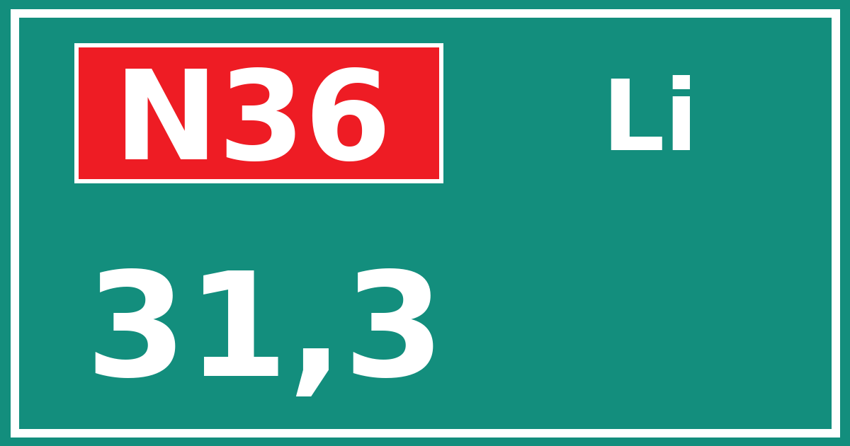 Hectometerbord N36 31,3 zijde Li