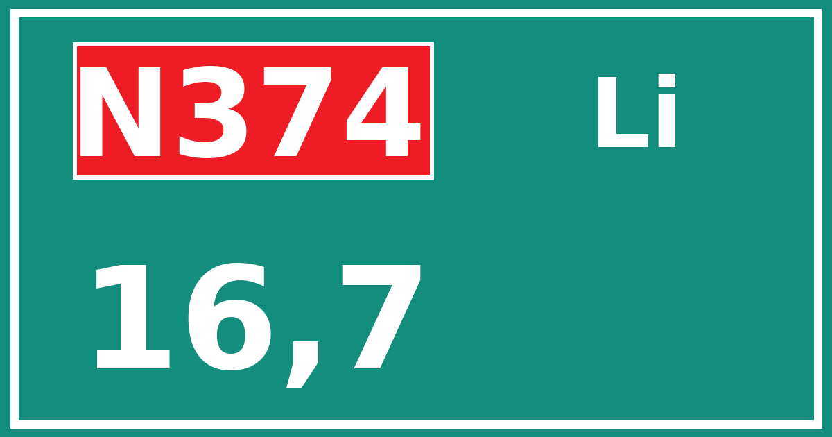 Hectometerbord N374 16,7 zijde Li
