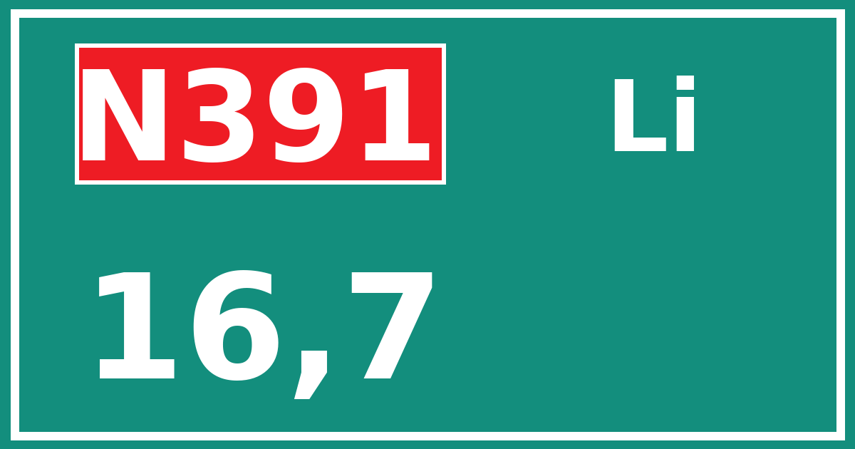 Hectometerbord N391 16,7 zijde Li