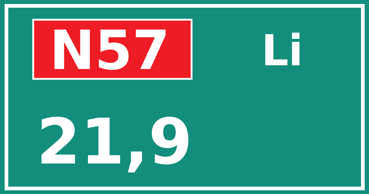 Hectometerbord N57 21,9 zijde Li
