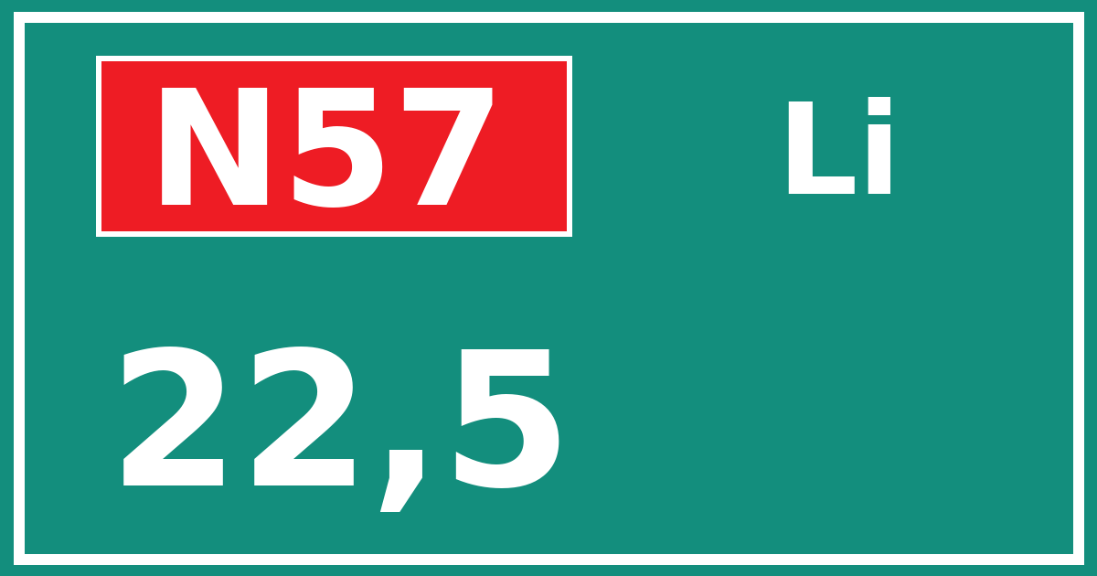 Hectometerbord N57 22,5 zijde Li
