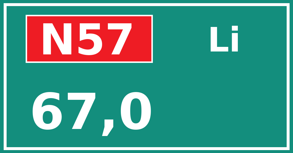 Hectometerbord N57 67,0 zijde Li